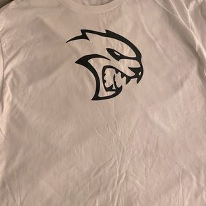 White dodge hellcat t shirt with black logo front and back